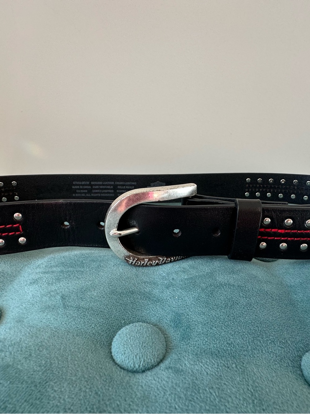 Harley-Davidson Black Leather Studded Belt with Red Stitching